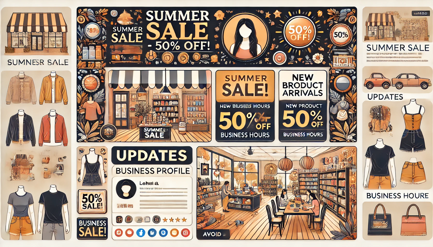 Show a business profile update for a retail store announcing a special promotion. The profile includes a banner with 'Summer Sale - 50% Off!' and upda