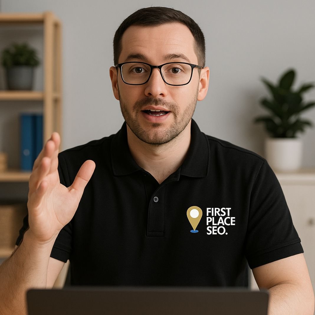 Alex SEO Consultant London on a webcam call with a client explaining about local seo