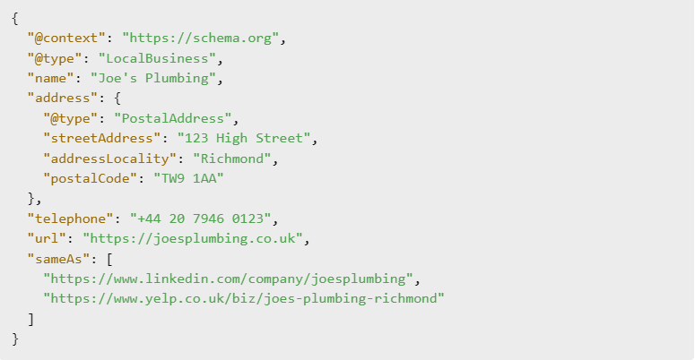 Here is an example of a simple LocalBusiness schema: