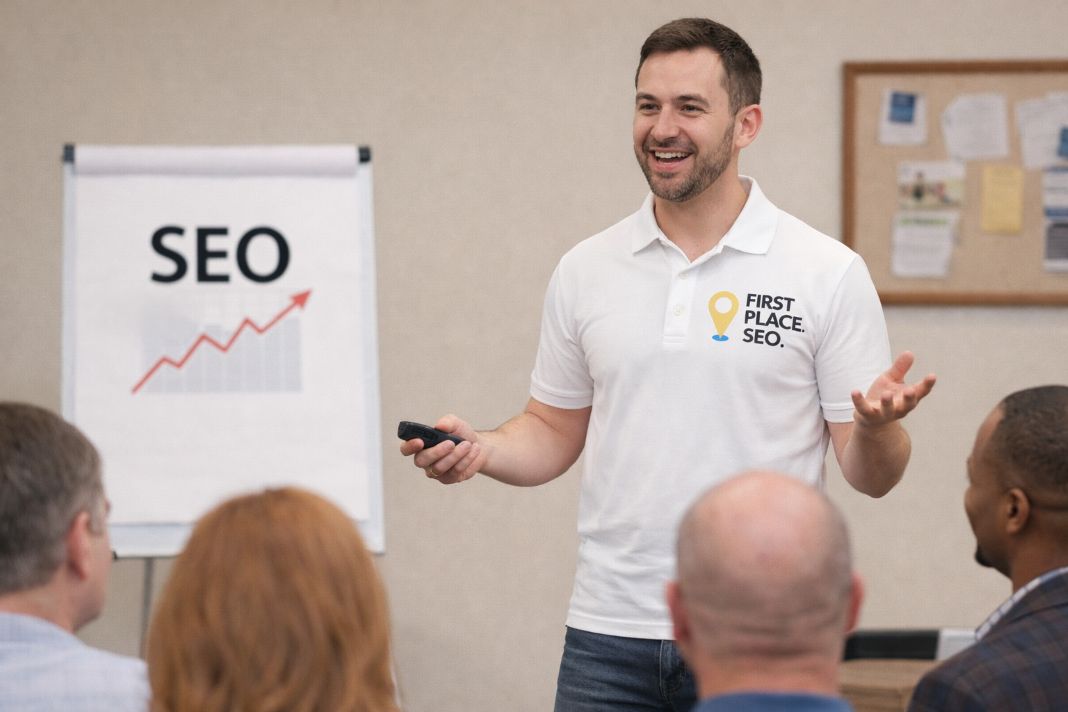 an ai photo of a Local seo presentation to local community businesses