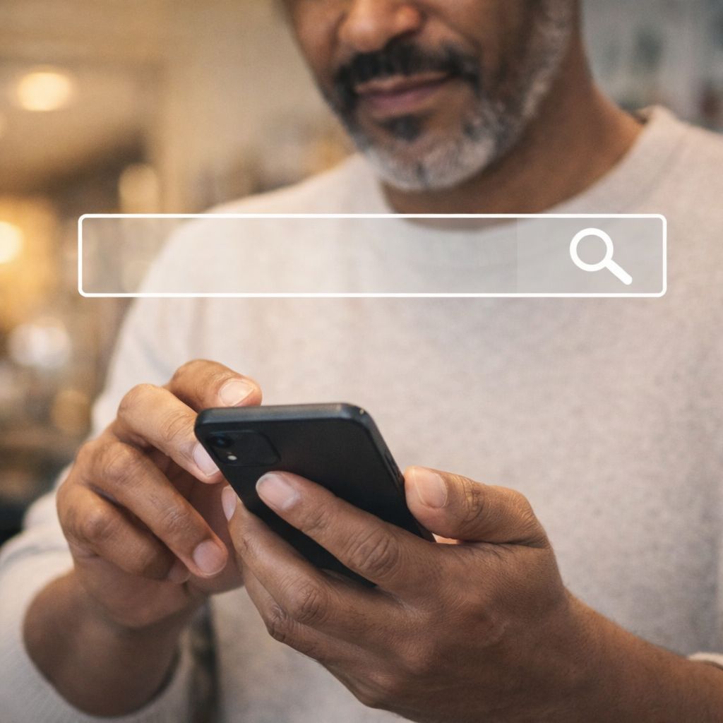 A photo of a person on their phone using it for searching companies online
