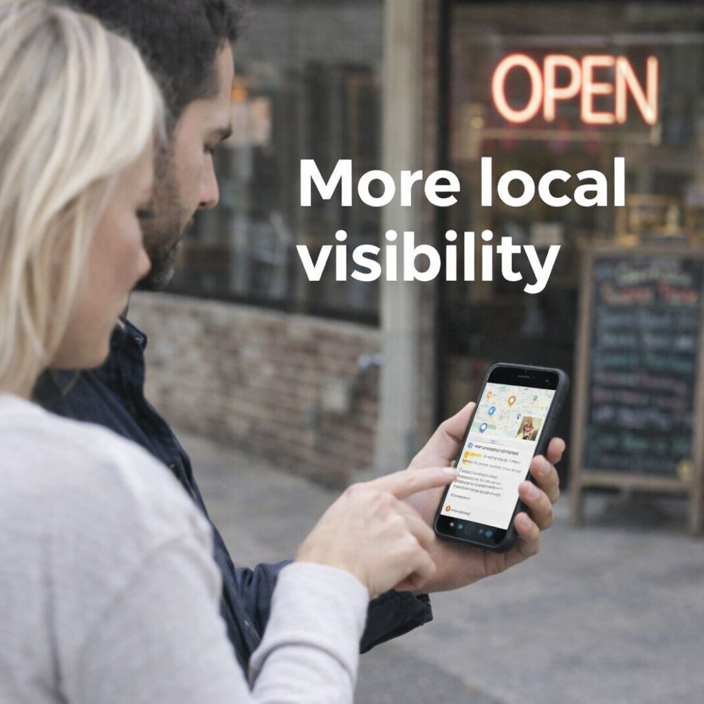 Two people finding a local business with more local visibility Two people finding a local business with more local visibility