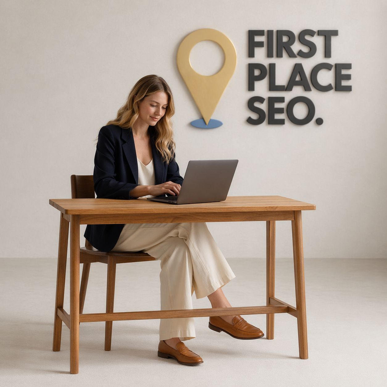 A business owner working on her laptop with First Place SEO Logo in the background – Sample Image