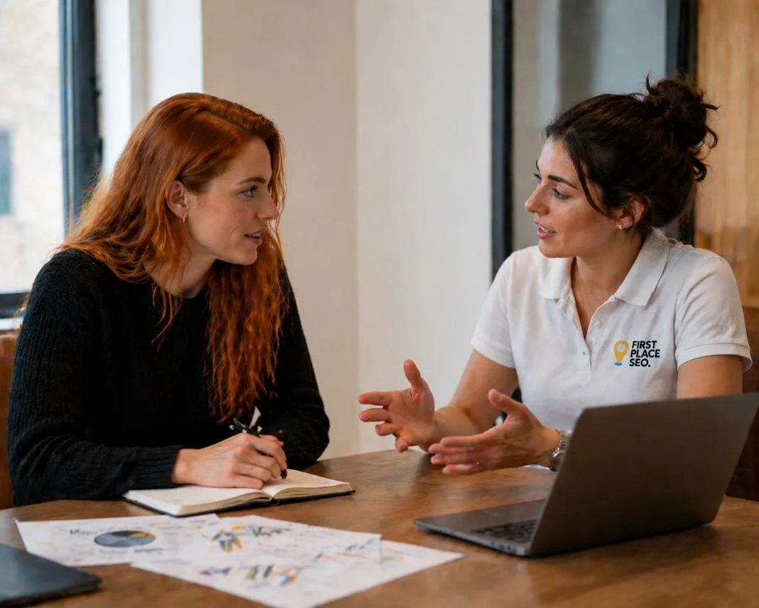 Two people speaking during a First Place SEO strategy meeting