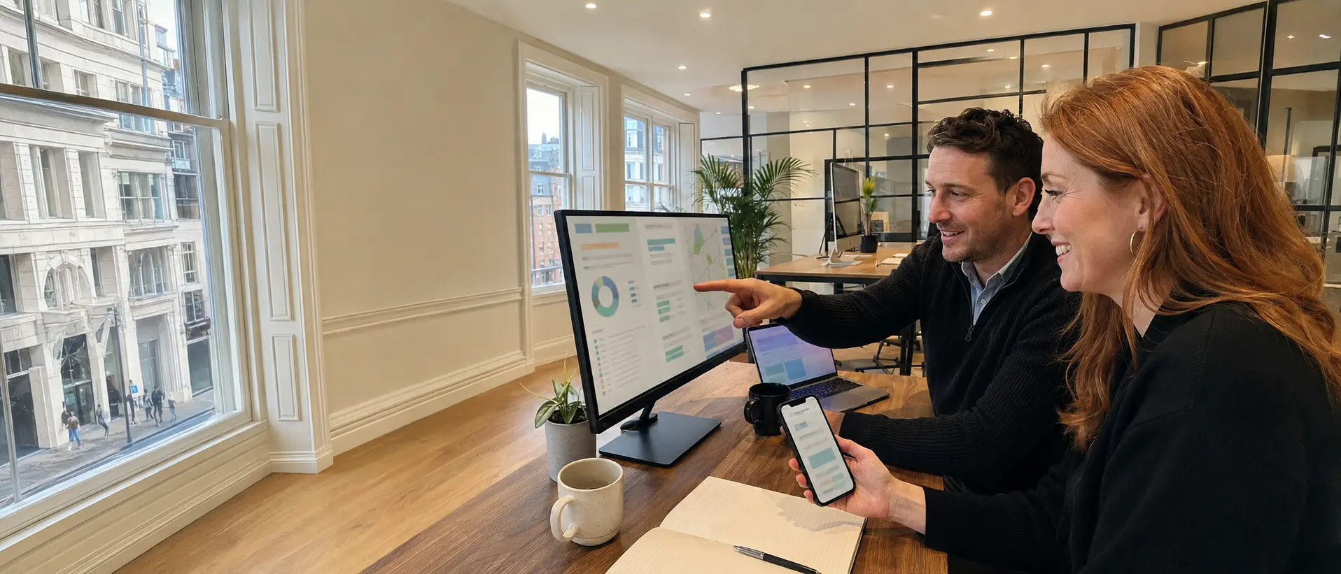 A photo of two SEO's discussing results for their clients