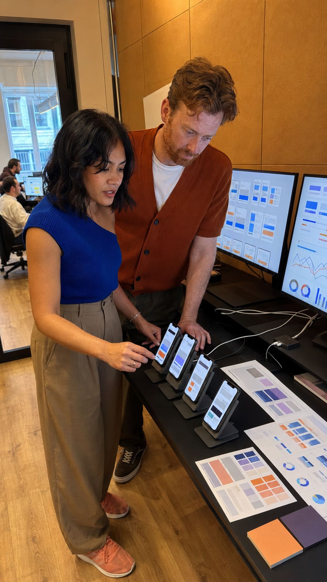 Agency team reviewing website layouts and analytics on office computers