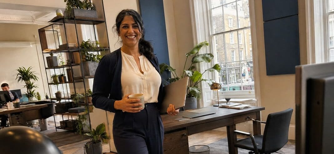 Business profile specialist reviewing local business listings in modern office