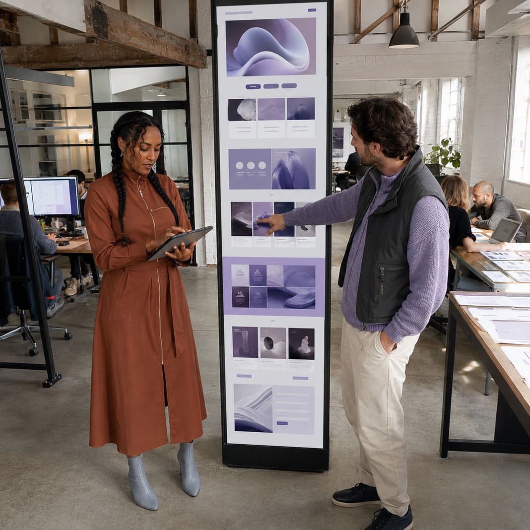 Colleagues reviewing a website mockup on a vertical kiosk display
