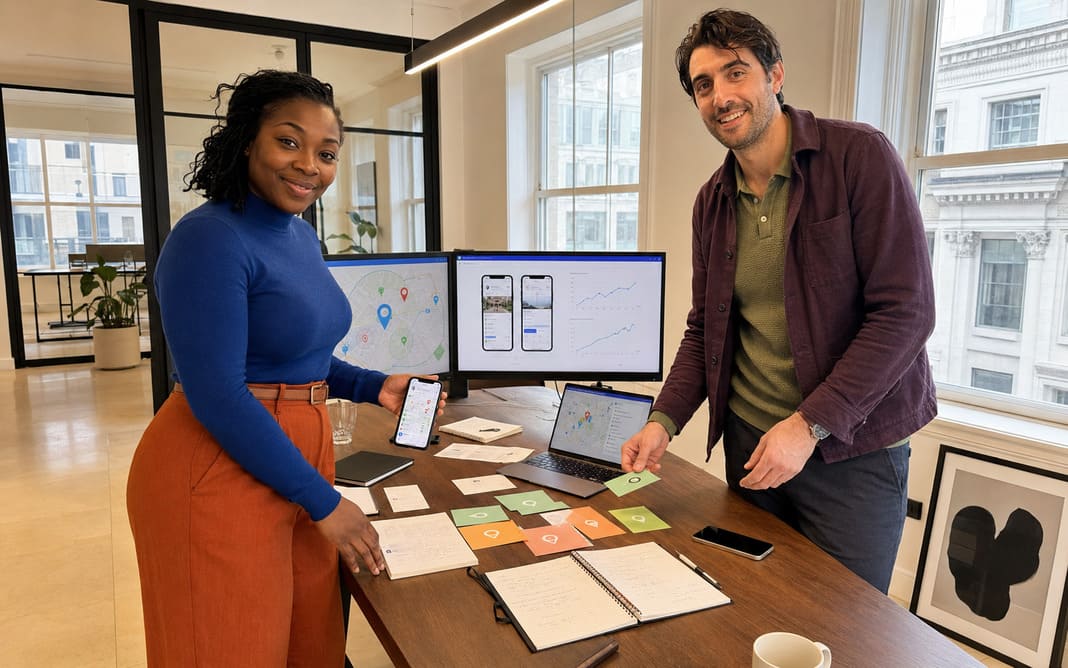 Consultants planning local keyword targeting with maps and campaign documents