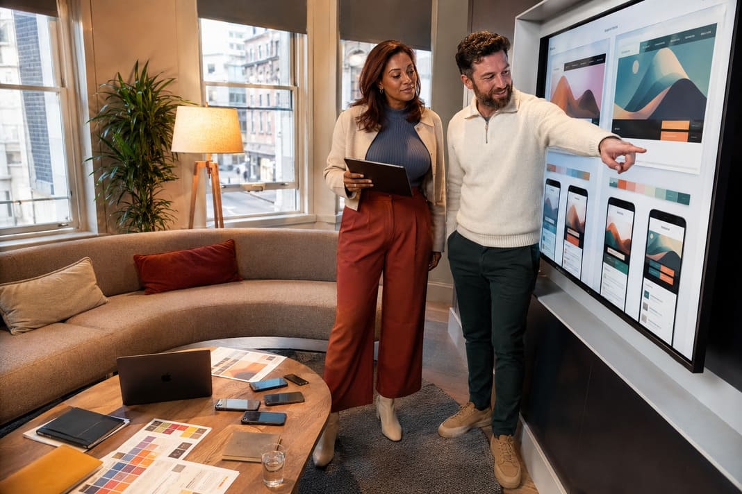 Couple viewing a website design on a large wall screen          loading=