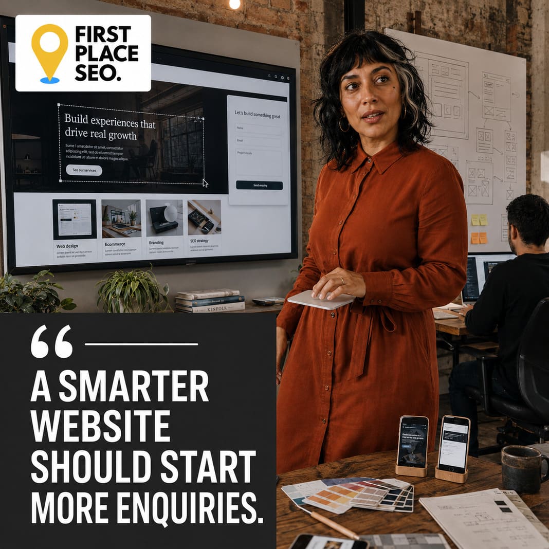 Designer beside a website mockup, First Place SEO branded quote