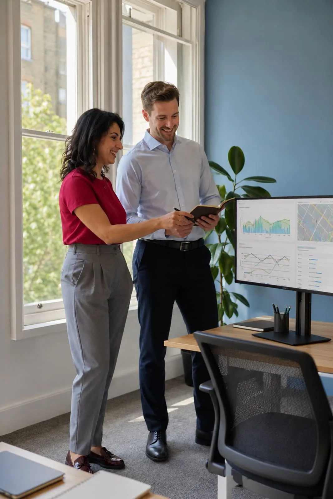 Female SEO strategist and male colleague discussing website analytics in a modern London SEO agency office.