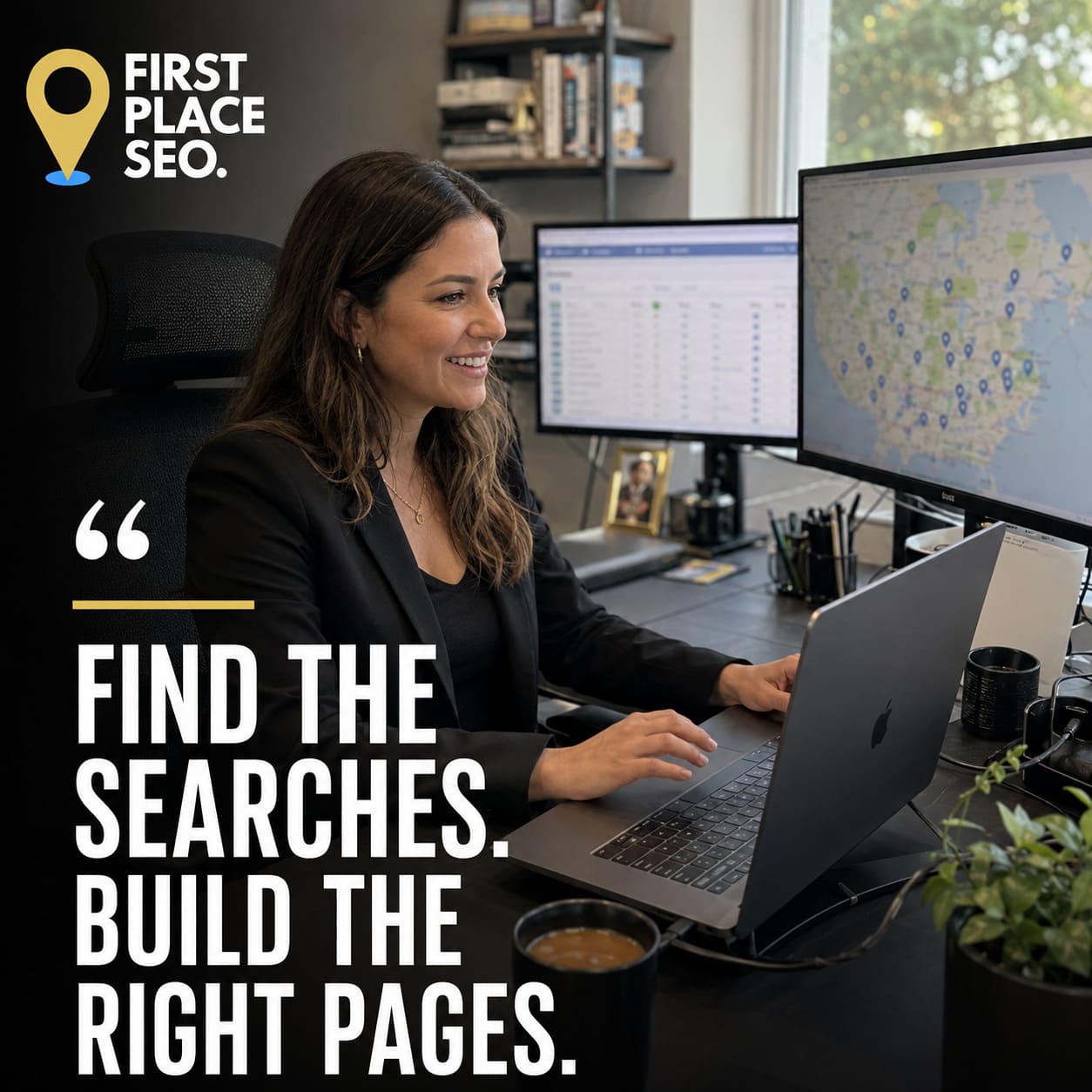 Keyword research specialist analysing search data across multiple office screens