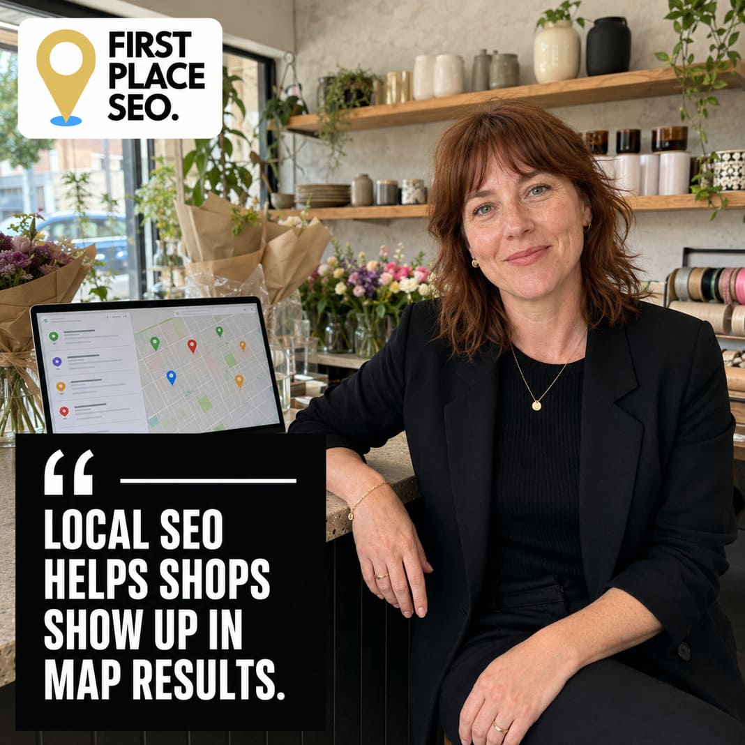 A photo of a local business owner with the caption 'local SEO helps shops show up in map results'            loading=