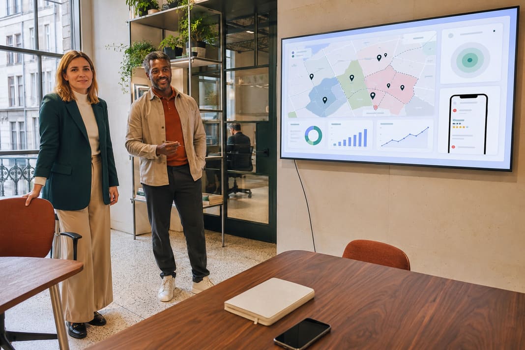 Marketing team discussing local search performance beside a digital analytics screen