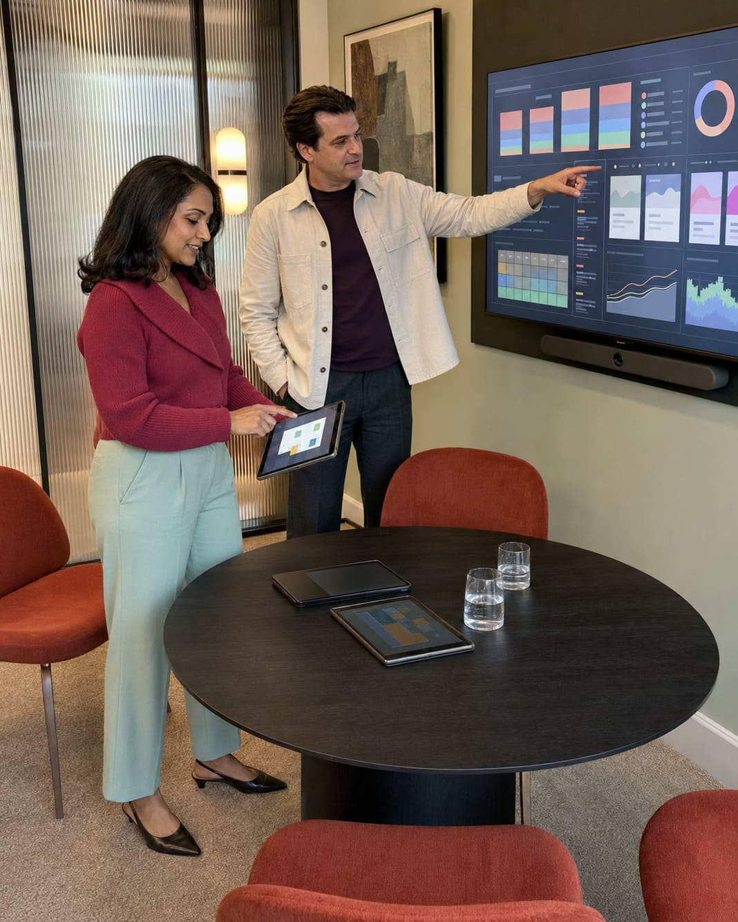 Marketing team presents PPC campaign results on a wall-mounted dashboard.