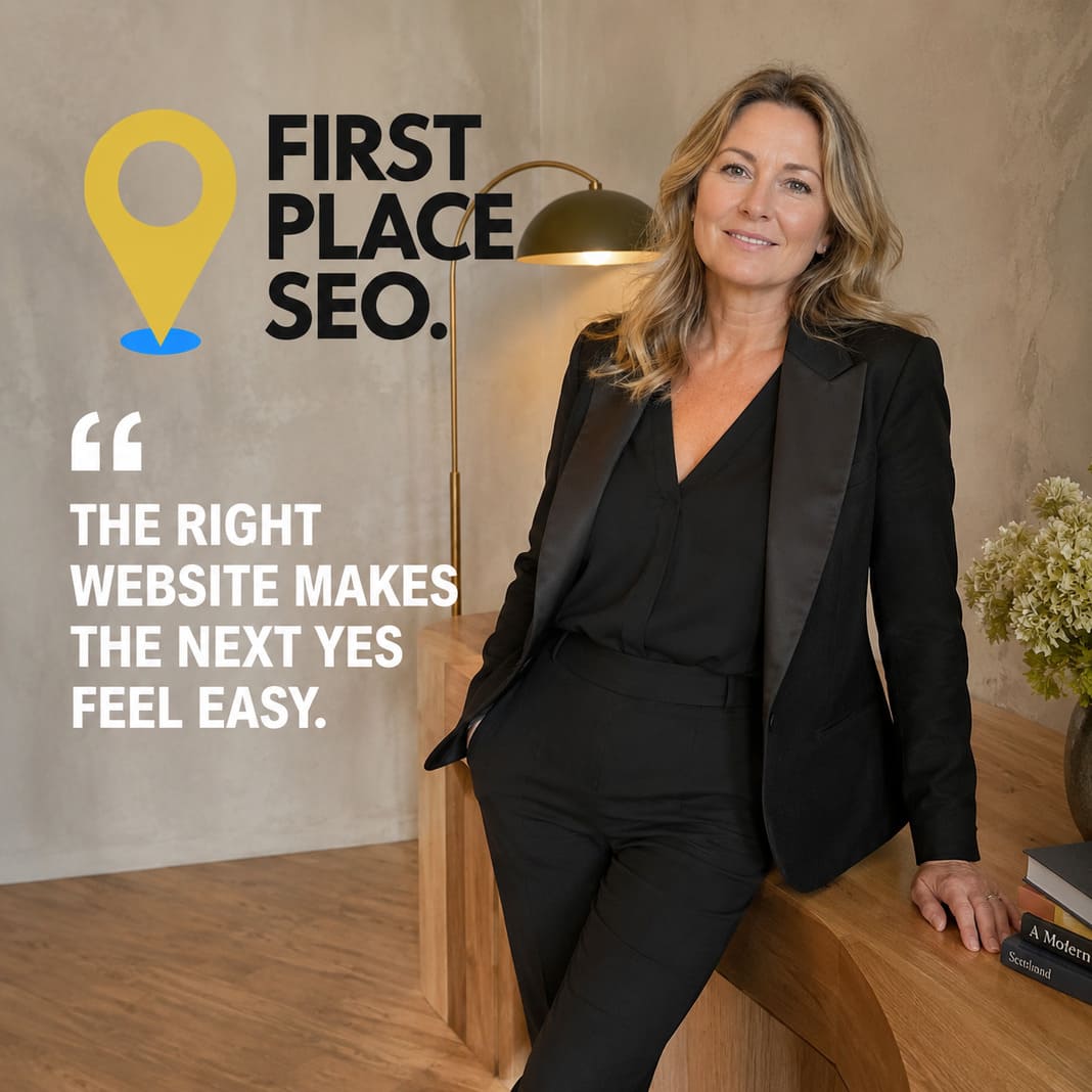 Professional female SEO consultant in luxury office.