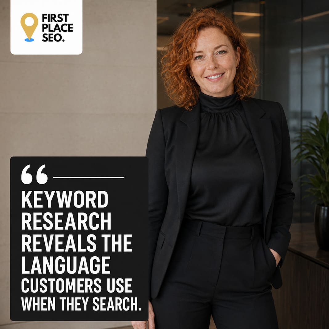 Search marketer beside quote about keyword research revealing customer language.