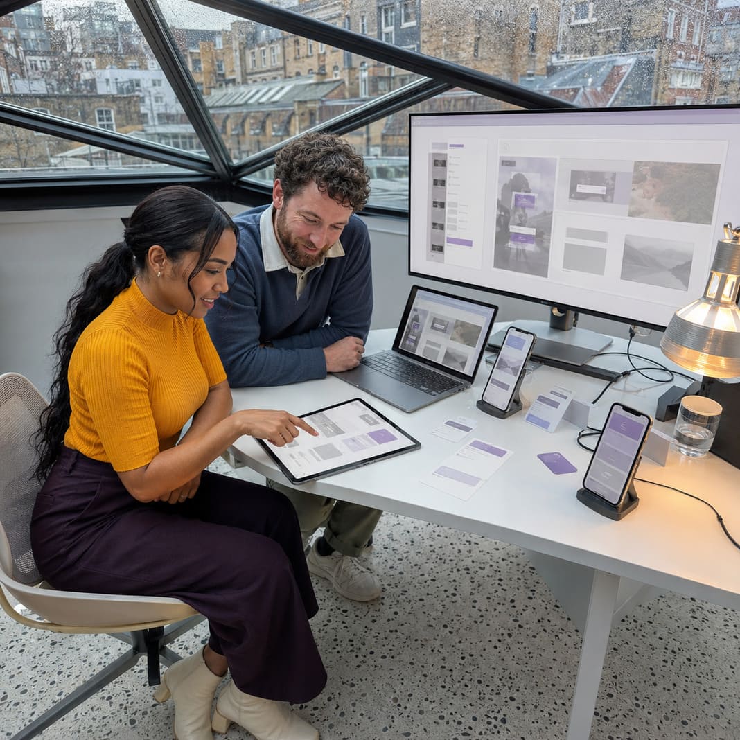 Team reviewing website mockups together on tablets at a desk