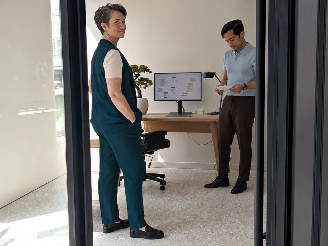 Technical SEO team reviewing entity mapping beside a glass meeting room