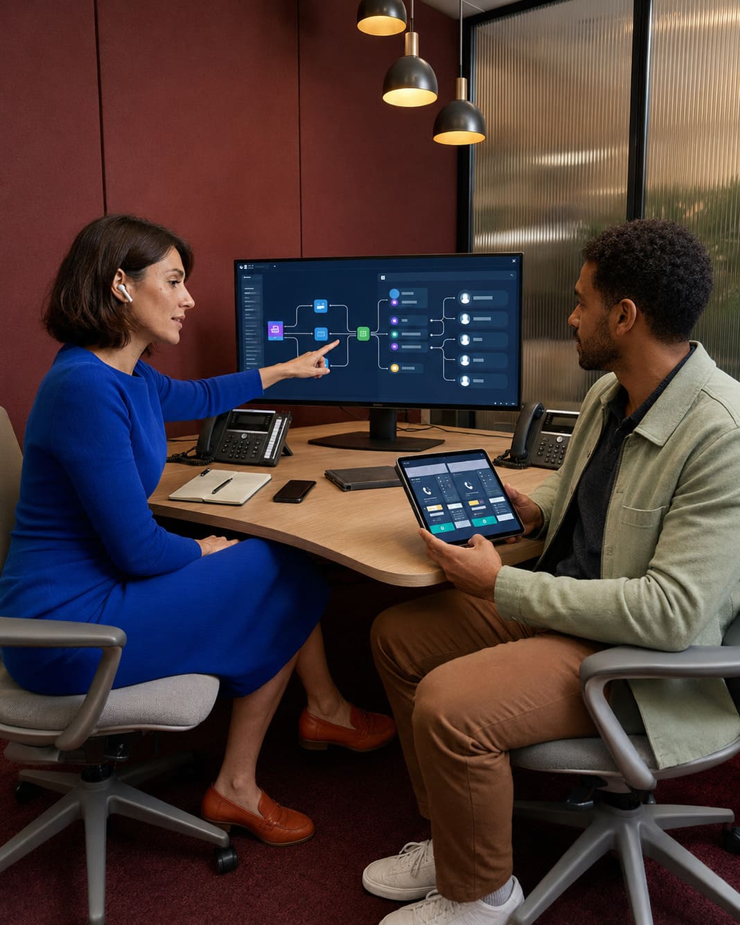Two PPC specialists analyse campaign metrics together at a desktop computer.