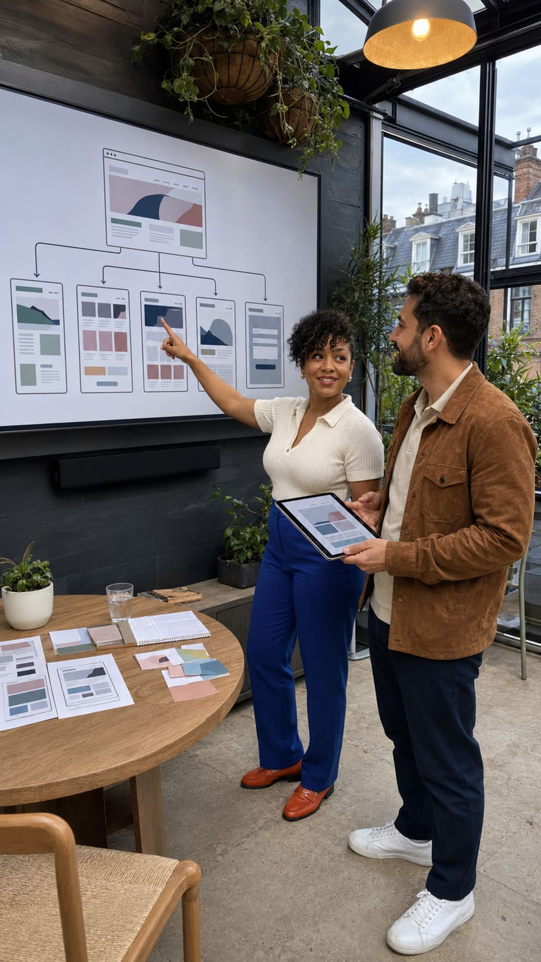 Two colleagues discussing a website layout on an office whiteboard screen