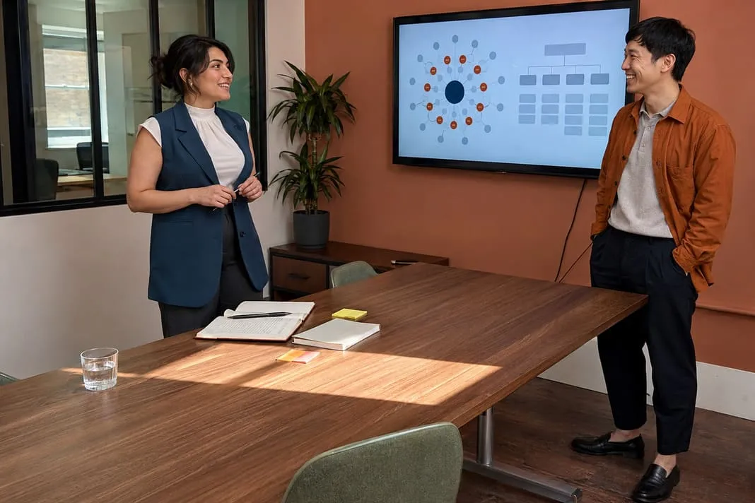 Two digital marketing specialists reviewing SEO reporting and campaign data during an office meeting.