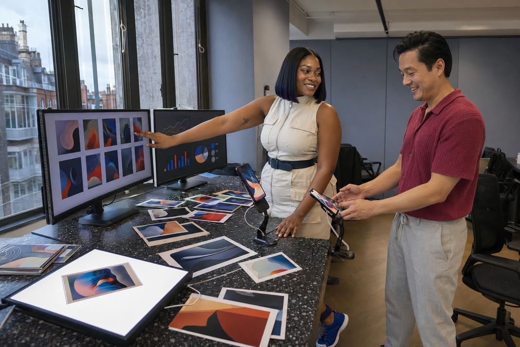Two marketers review PPC ad creatives and campaign performance across multiple screens.