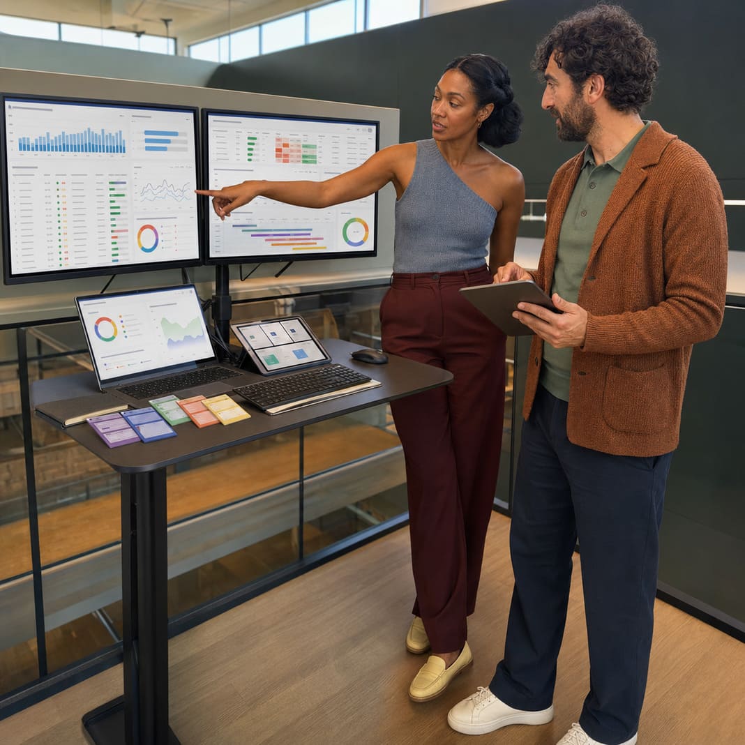 Two marketers reviewing search performance on campaign dashboards