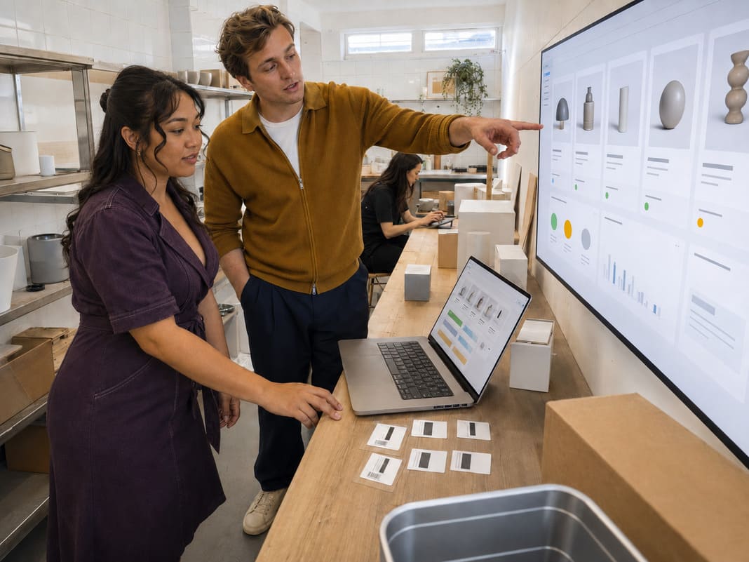 Two marketers review product advertising data on a large digital display.