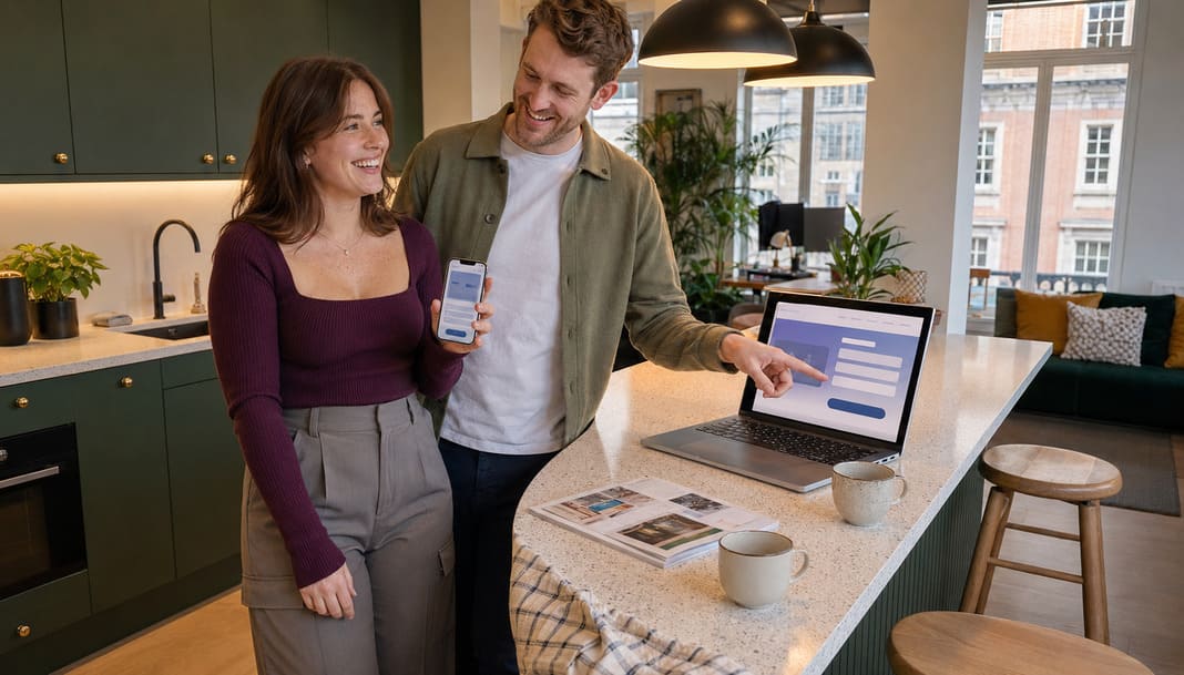Two people looking at a small website preview on a stand
