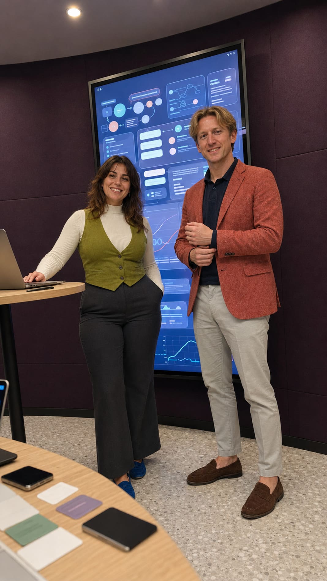 Web designers presenting a client website on a large screen