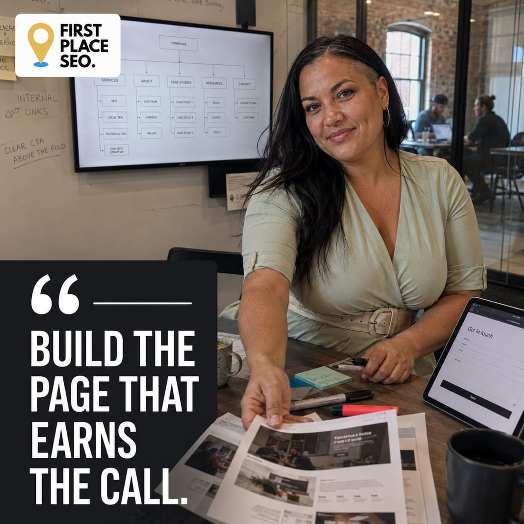 Woman planning a website page layout with printed design samples
