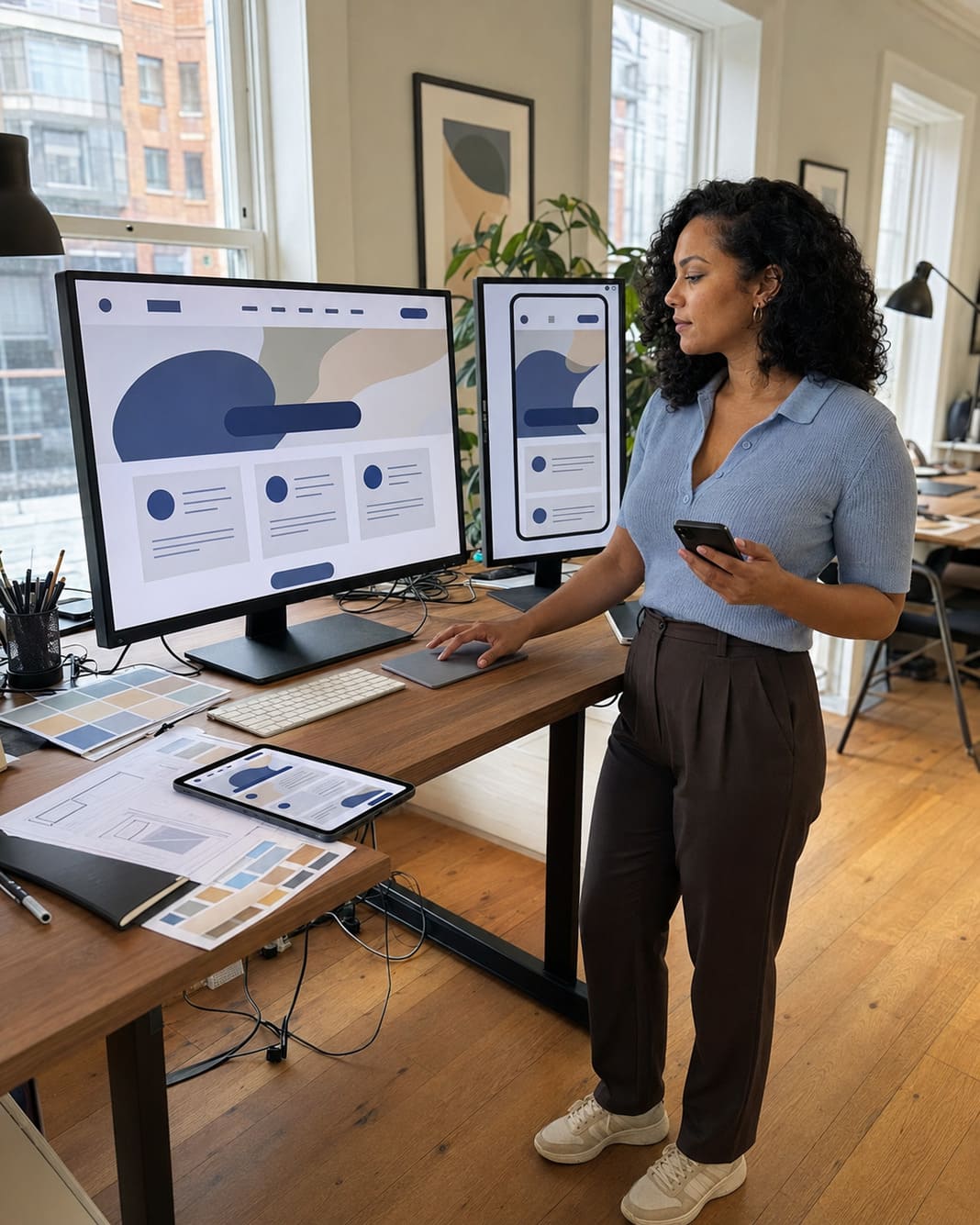 Woman viewing website dashboard data across two office monitors