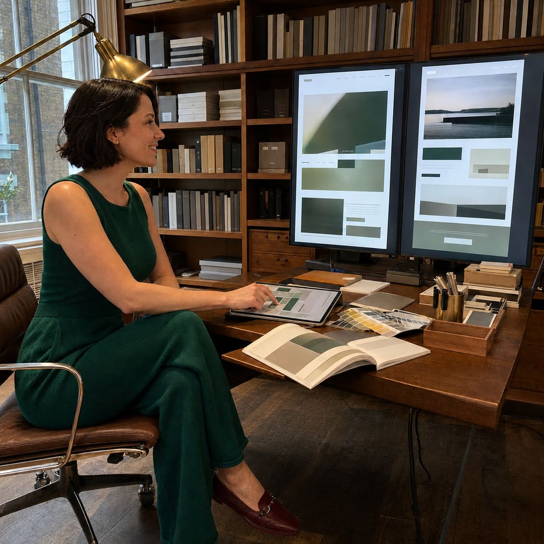 Woman working on website design at a dual monitor desk
