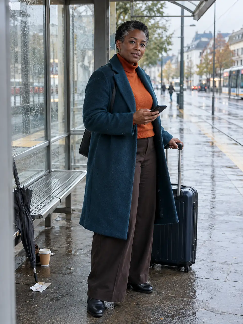 Business owner checking search results at rainy tram stop