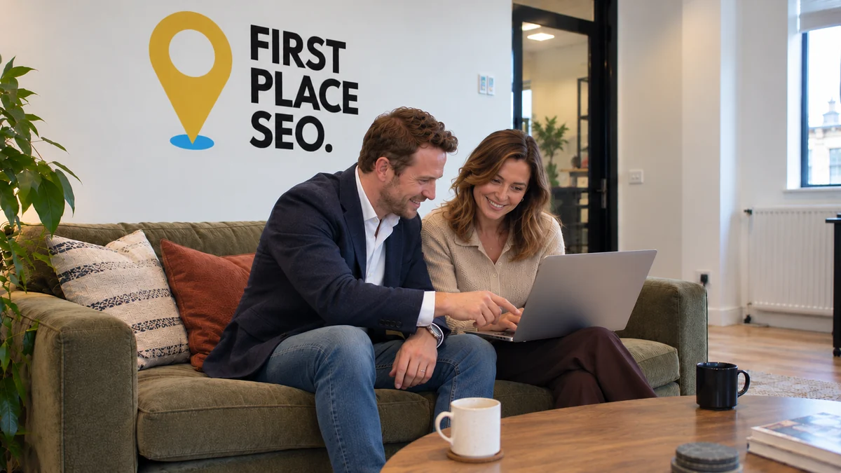 SEO consultant and client smiling as they review a website together on a laptop