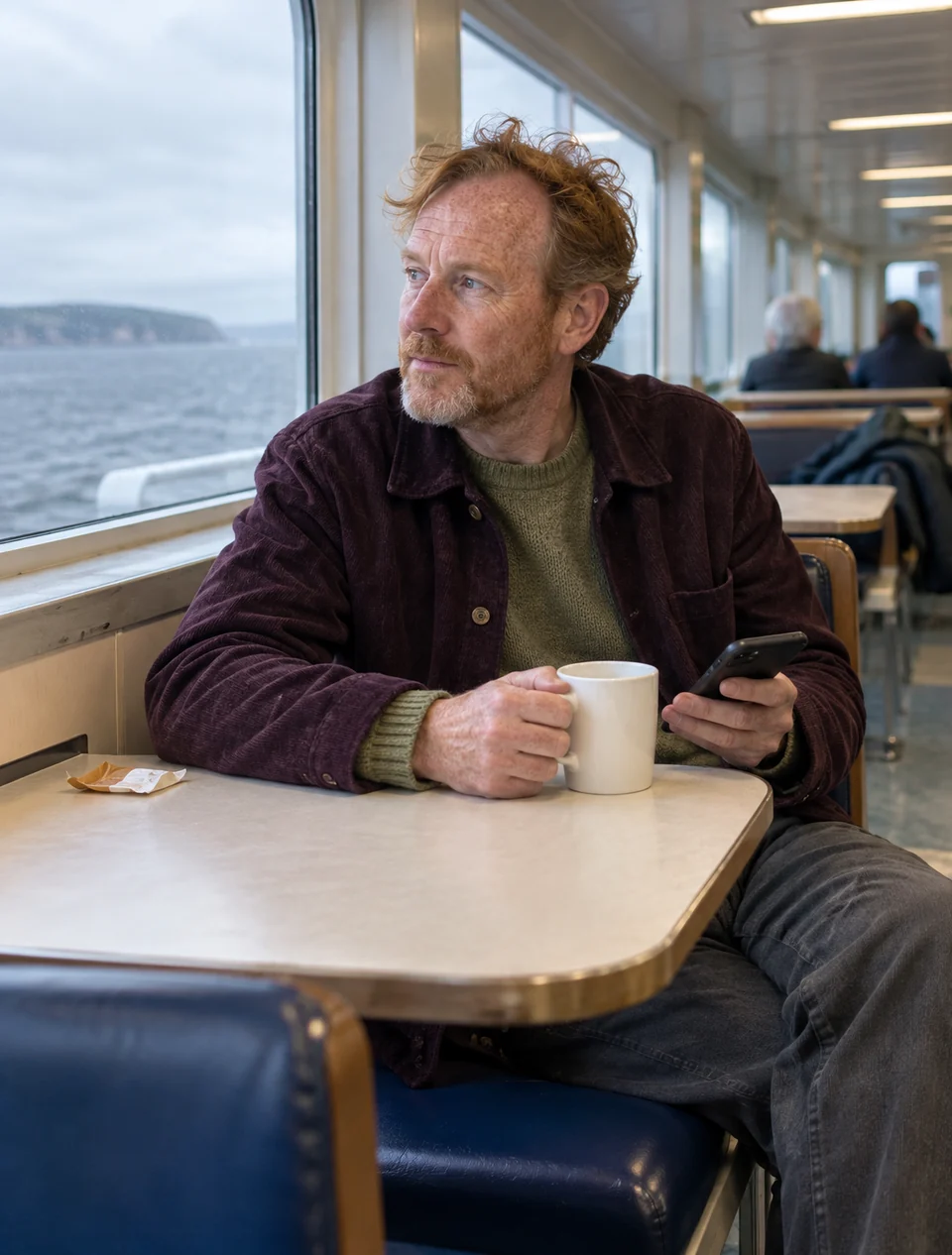 Traveller checking phone during ferry crossing